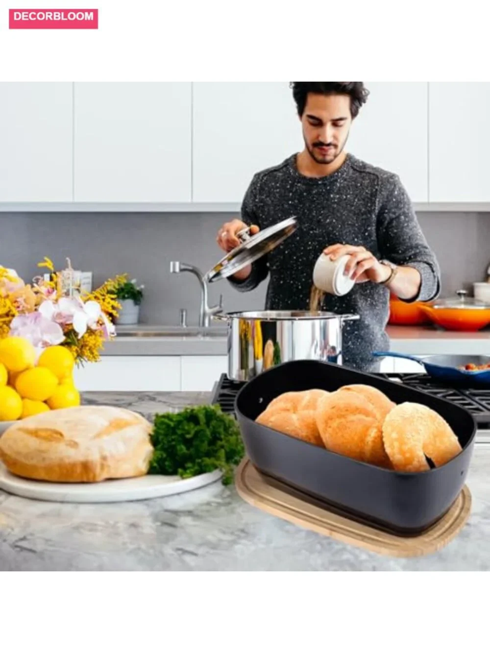 Bamboo Fiber Bread Box with Reversible Cutting Board Lid, Ventilated Kitchen